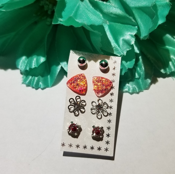 Earrings NEW 4 pair flower pink silver - Picture 5 of 6